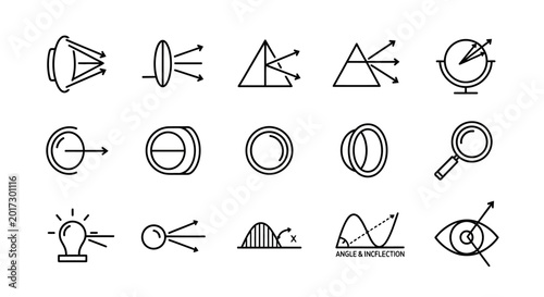 Science and optics icons set lenses prisms light rays and related symbols