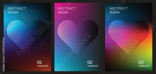 Set of three abstract posters with heart shapes and dark gradient backgrounds