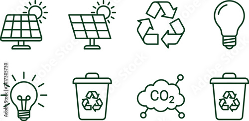 Foto Vector Set of Ecology and Green Energy Outline Icons Featuring Solar Panels Recycling Symbols Light Bulbs CO2 Cloud and Waste Bins for Environmental Sustainability