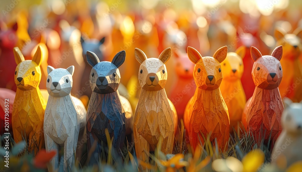 Fototapeta premium Many wooden llama sculptures, each painted a different color, standing in grass