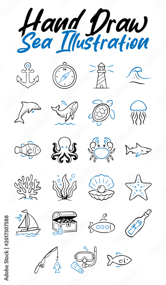 Obraz premium Hand drawn sea life doodle icon set. Marine animals, nautical elements, and ocean exploration. Vector illustration in line art style with blue accents for summer design