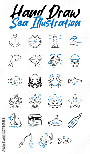 Hand drawn sea life doodle icon set. Marine animals, nautical elements, and ocean exploration. Vector illustration in line art style with blue accents for summer design