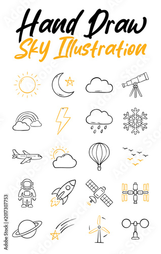Hand drawn sky and space doodle icon set. Weather elements, astronomy, and universe exploration. Vector illustration in line art style with yellow accents for educational design
