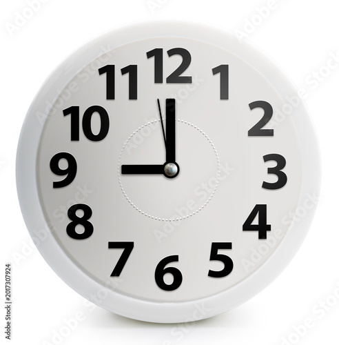 Simple white analog wall clock showing 9 o'clock isolated on white background with clipping path, Concept of time management, deadline, schedule, and punctuality for office or home decor. Professional