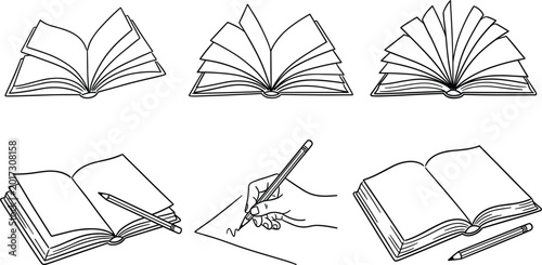 Versatile Collection of Open Book Icons and Hand Writing Illustrations for Education Literature Study Journaling Creative Writing and Academic Learning Vector Graphic Elements