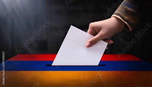 a hand put a voting paper in an armenia flag country; dark atmosphere