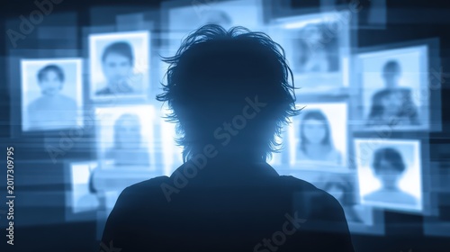 Person views a digital display featuring multiple portrait profiles in a dark environment.