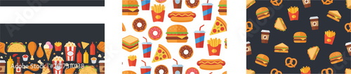 Fast food seamless pattern set with burgers pizza and snacks in flat design for restaurant packaging