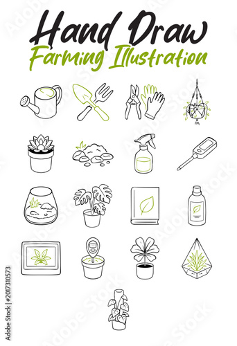 Hand drawn farming and gardening doodle icon set. Indoor plants, garden tools, and urban jungle elements. Vector illustration in line art style with green accents for hobby design