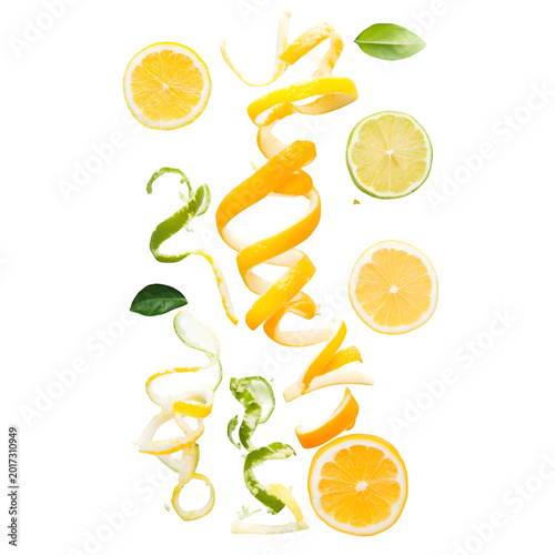 Zest curls from citrus fruits in minimal layout