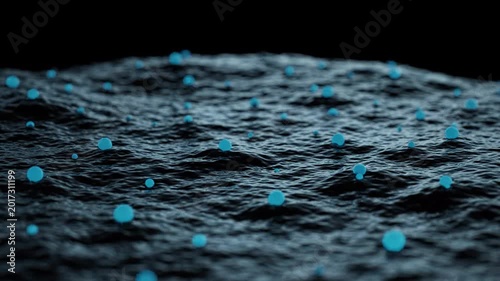Abstract glowing blue spheres on textured dark surface, scientific research or digital network concept, deep space and technology