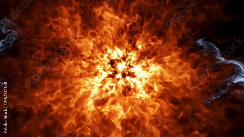 Exploding bright core with fiery orange flames and cool blue smoke tendrils emanating outwards, high energy burst, abstract explosion effect