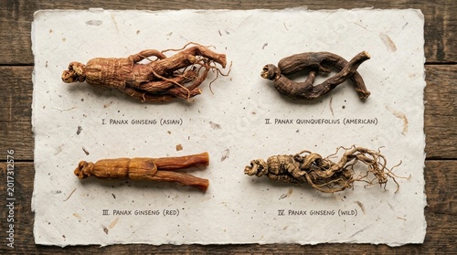Botanical pictures of ginseng roots arranged on handmade paper as Asian, American, red, and wild specimens with handwritten labels for herbal comparison, plant study, natural apothecary archive
