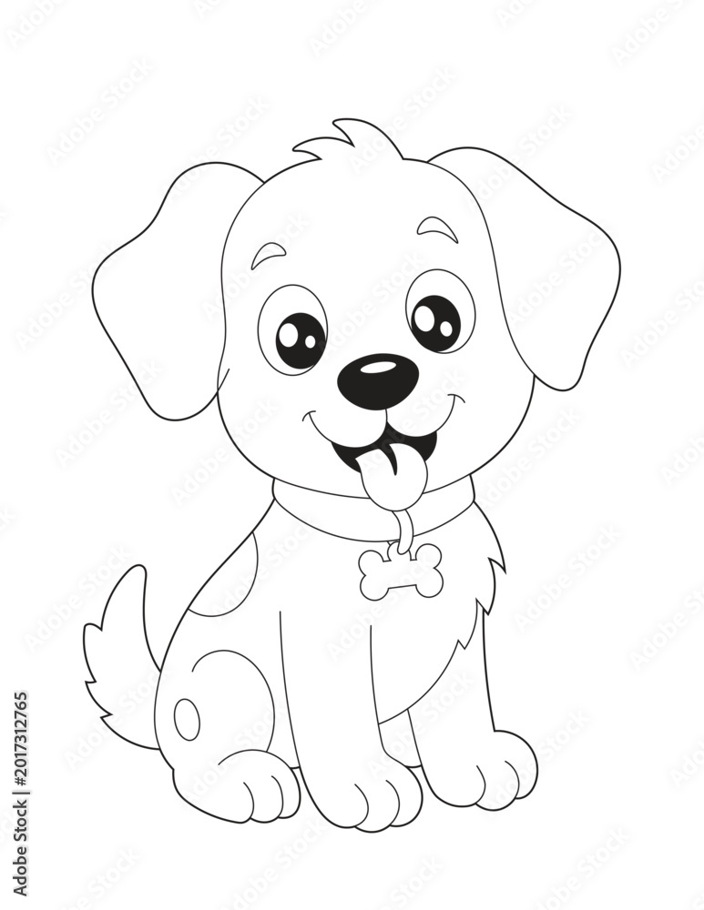 Fototapeta premium Cartoon Puppy Coloring Page for Kids. Adorable Dog Sitting with Happy Expression, Simple Line Art Printable. Bold and Easy Coloring Sheet