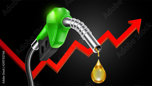 Foto Rising oil prices concept with green fuel pump nozzle and red upward arrow on bl