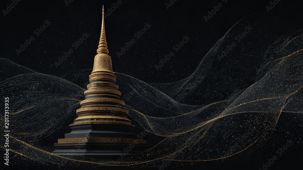 Fototapeta premium Golden Buddhist Stupa Against Cosmic Waves: Sacred Architecture Meets Digital Art in a Starry Nightscape