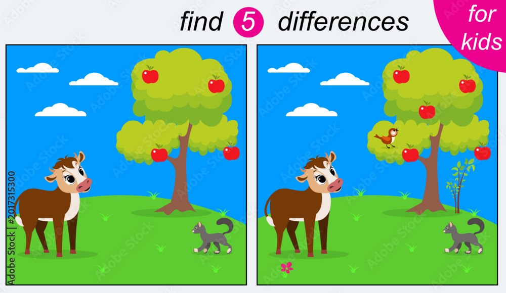 Fototapeta premium Logic puzzle game for kids. You need to find 5 differences. Farm. A cute calf is standing in the garden. Vector