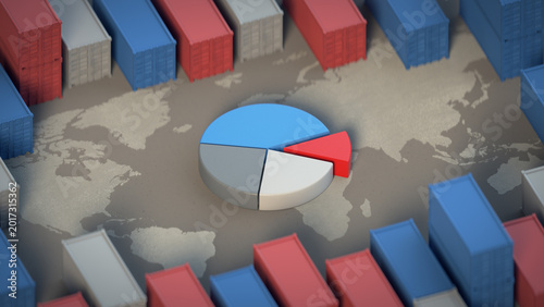 Pie chart surrounded by cargo shipping containers 3D render