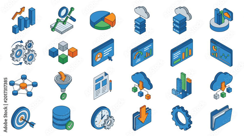 Fototapeta premium Collection of Isometric Icons Representing Data Analytics and Technology Concepts.