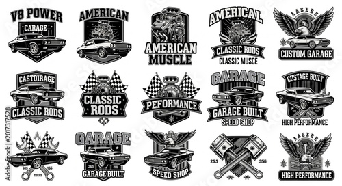 Foto Collection of Vintage American Muscle Car Emblems and Logos.
