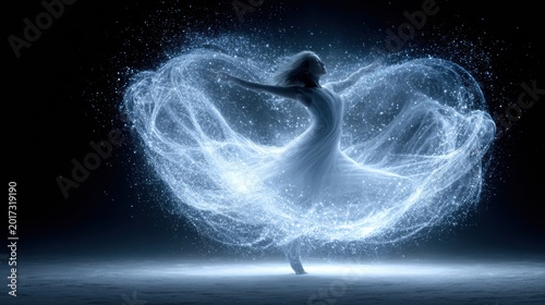 Ethereal female dancer in flowing luminous dress with sparkling particle trails on dark stage