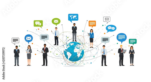 Photos Business people communicate around globe.