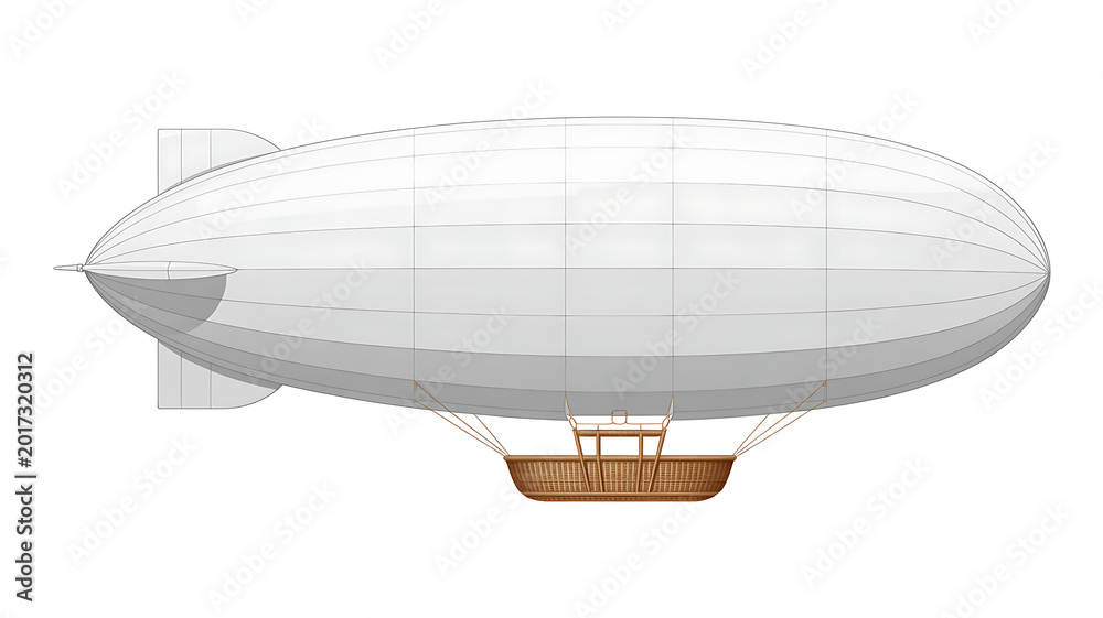 Naklejka premium White blimp airship with gondola, isolated on transparent background.
