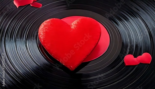 A vibrant red heart shape resting on a vintage black vinyl record.