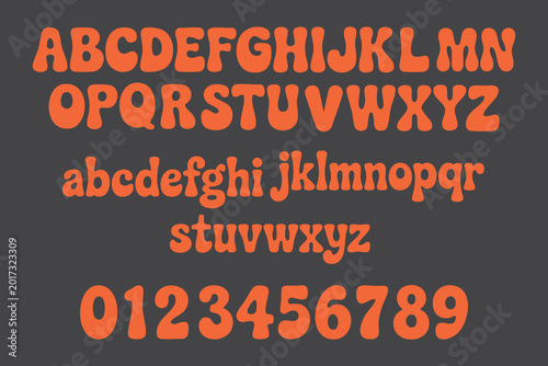 Bold retro groovy alphabet letters and numbers, Funky rounded bubble font with uppercase, lowercase, and numerals, Vintage 70s style typeface for poster, branding, and psychedelic design vector