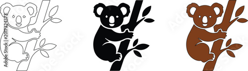 Bild auf Leinwand Koala bear icon set, cute Australian marsupial climbing eucalyptus tree branch,