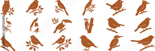Foto Vintage bird silhouette collection, brown avian wildlife vector set, rustic song