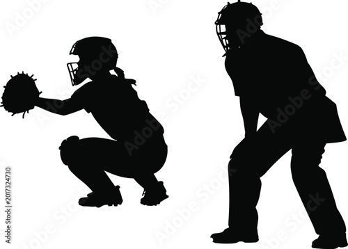 Canvas Print Baseball Catcher and Umpire Silhouette Set Featuring Players in Action Poses wit