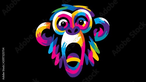 Whimsical, vibrant monkey logo pops with dark colors on a black background. Abstract art for shirts and merchandise.