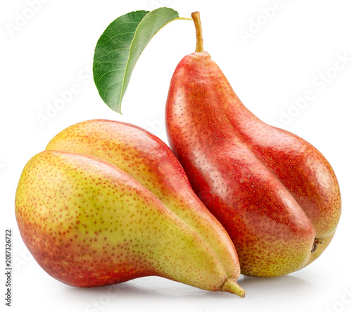 Bild auf Leinwand Two ripe pears with red side and green leaf on white background