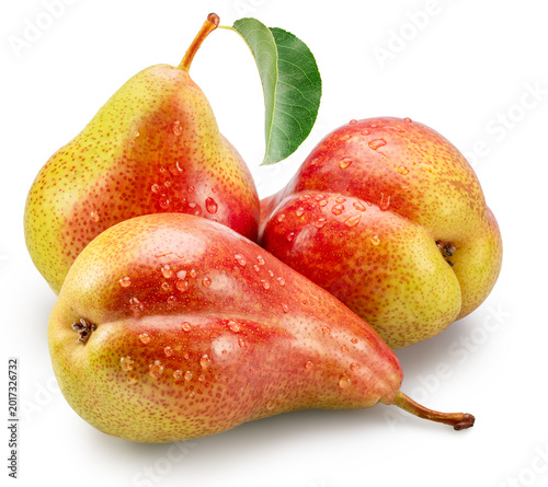 Foto Three ripe red and yellow pears covered water drops on white background