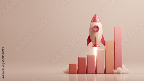 Stylized miniature rocket launches upward past ascending bar graph elements against a soft background