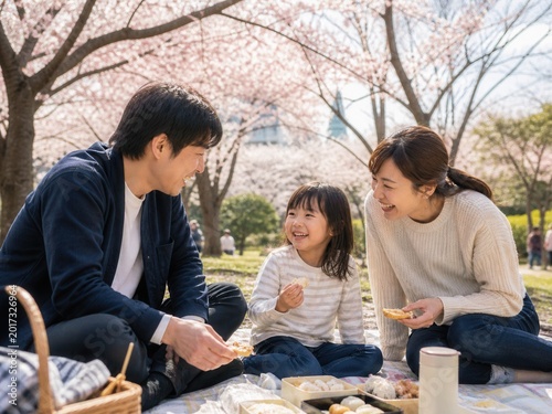  Japanese family enjoying cherry blossoms in a city park