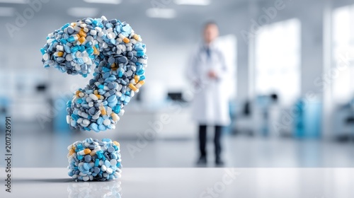 Question mark sculpture in medical setting with doctor blurred background