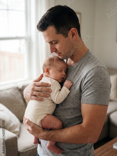 A young father tenderly holds his sleeping newborn baby in his arms at home