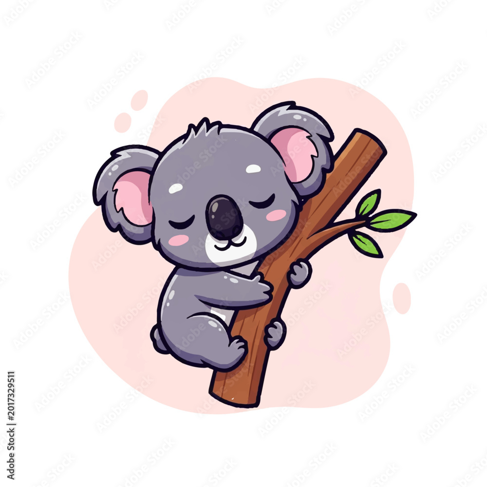 Fototapeta premium Adorable vector flat design illustration of a cute koala sleeping peacefully on a tree branch with soft pink background