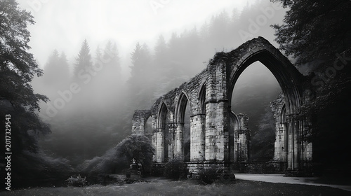 Monochrome photo of gothic ruined building