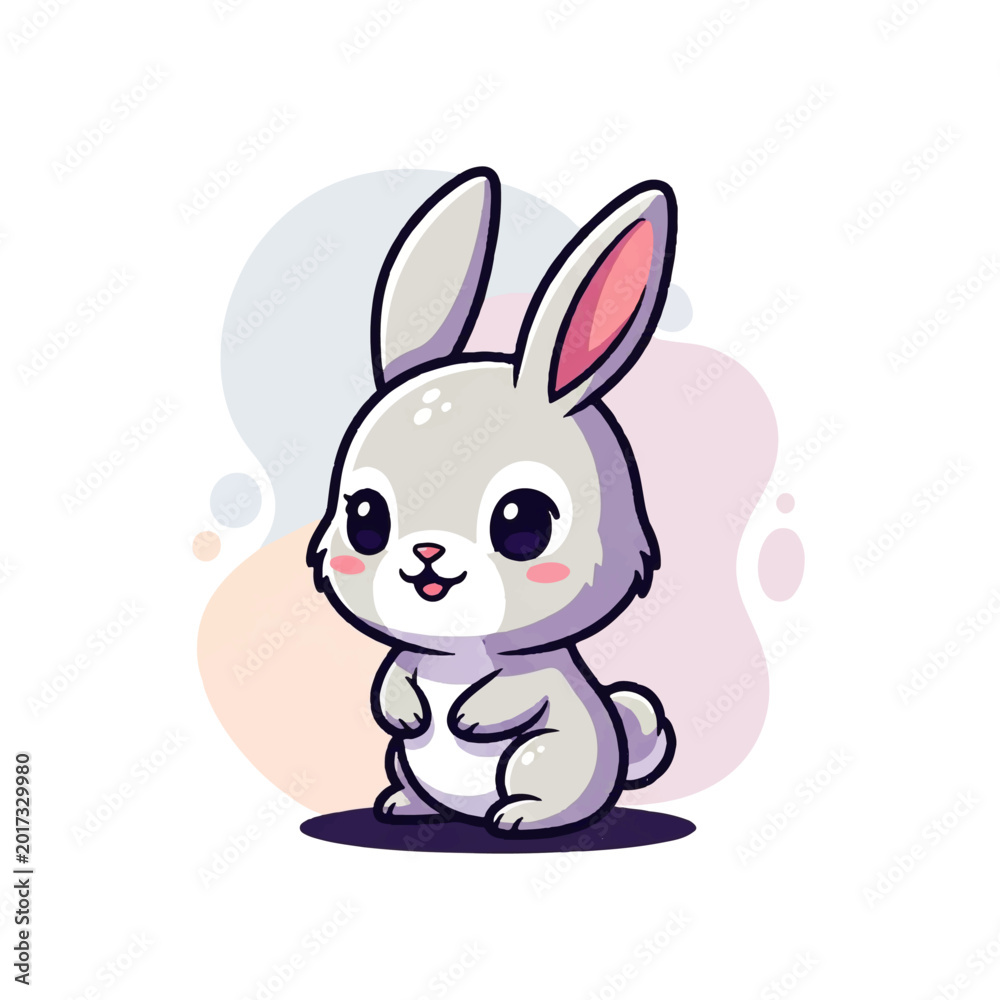 Obraz premium Cute vector flat design illustration of a happy cartoon bunny rabbit with big eyes and soft pastel background
