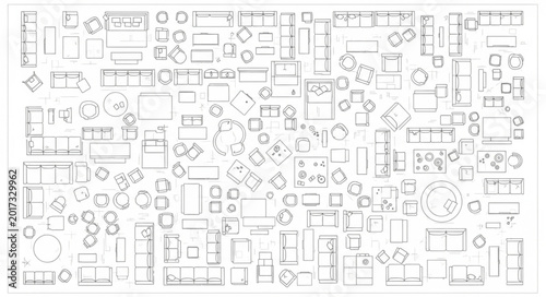 Fotografía Architectural floor plan drawing with furniture and trees.