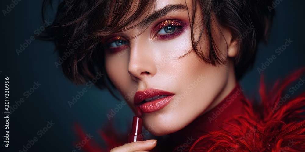 Fototapeta premium Glamorous woman with bold red lipstick and sparkling eyeshadow applies makeup