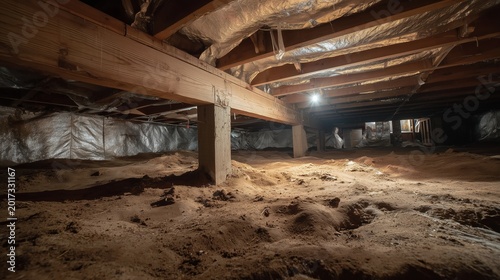 Dim crawl space with exposed joist, dirt floor, insulation and moisture damage suggesting hidden mold remediation and basement waterproofing need.