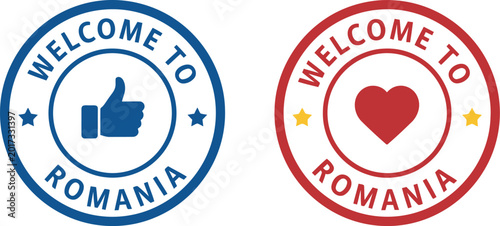 Welcome to Romania badge icons with thumbs up and heart symbols in blue and red vector design