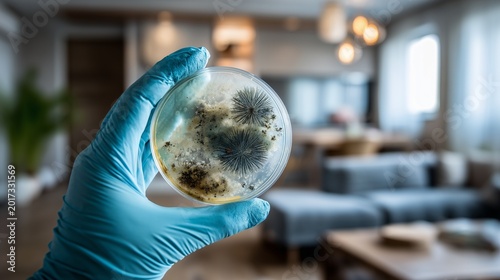 Gloved hand holding mold culture dish in living room indicating hidden mold inspection and remediation need.