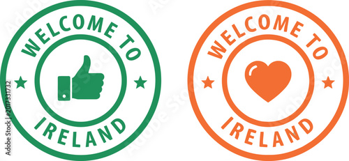 Welcome to Ireland vector badges with thumbs up and heart icons in green and orange for tourism and travel promotions