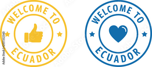 Welcome to Ecuador badge icons with thumbs up and heart symbols in yellow and blue vector design