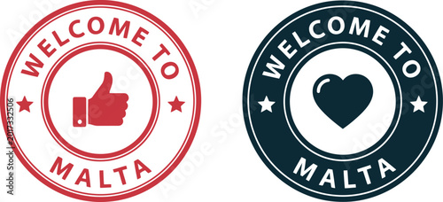 Welcome to Malta badge icons with thumbs up and heart symbols for tourism and travel design